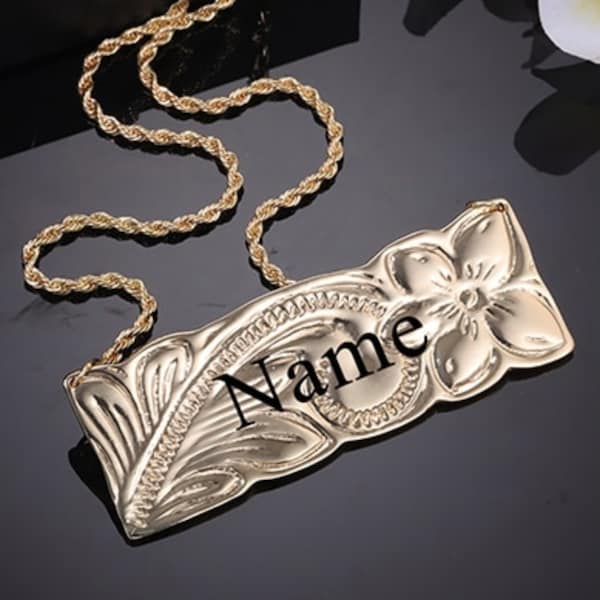 Heirloom Nameplate | Hawaiian Jewelry Personalized Nameplate Necklace | Traditional | Pearls | Engraved Black Enamel | Gold Rope Chain