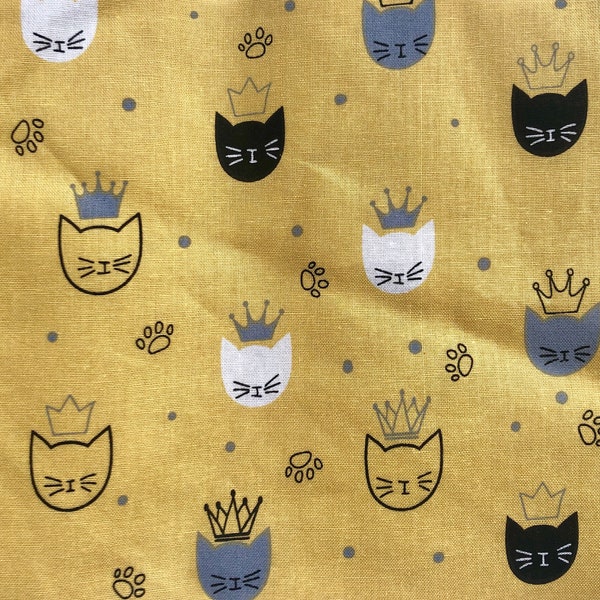 tissu de cotton, tissu au metre, tissu avec chats, tissu courte pointe, coupe personnalisé, tissu avec fleurs, tissu jaune, tissu gris