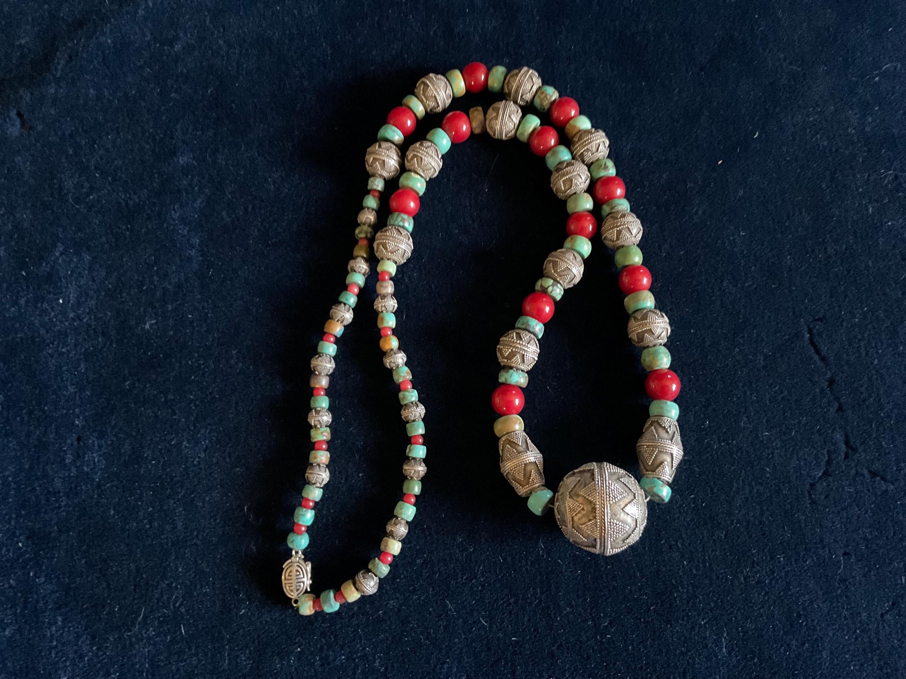 masterpiece antique granulated silver necklace with antique turqouise , blood agate and bohemian glass beads.