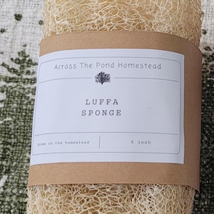 May include: A beige, fibrous luffa sponge wrapped in a brown paper label that reads Across The Pond Homestead, LUFFA SPONGE, and 5 inch. The natural, porous texture of the dried plant material is visible above and below the central paper band.