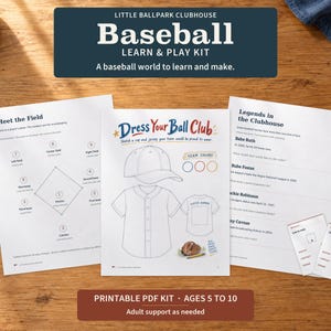 Może przedstawiać: Zestaw do nauki i gry w baseball składający się z trzech białych arkuszy z czarnym tekstem i ilustracjami. Arkusze zawierają schematy boiska do baseballu, szablon do projektowania koszulki i czapki oraz informacje o legendach baseballu.