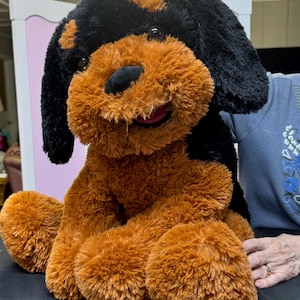 Könnte beinhalten: Ein Plüschhundespielzeug mit schwarzem und braunem Fell. Das Spielzeug hat eine schwarze Nase, schwarze Ohren und braune Pfoten. Der Hund sitzt aufrecht mit leicht geöffnetem Mund, der eine rosa Zunge zeigt. Das Spielzeug ist weich und flauschig.