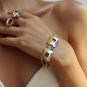 Silver Chunky Bracelet, Chain Link Bracelet, Geometric Bracelet, Gold plated Bracelet, Adjustable Matte , Minimal Jewelry, Gift For Her image 1