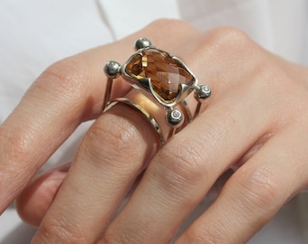 Large Silver Ring, Statement Ring For Woman, Geometric Ring, Unusual Ring, Large Gemstone Ring, Minimalist Silver Ring, Designer ring