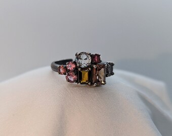 Natural Tourmaline Band, Multi Stone Ring, Dainty Silver Ring, Vintage Ring, Pink Green Tourmaline, Handmade Anniversary Gifts For Her