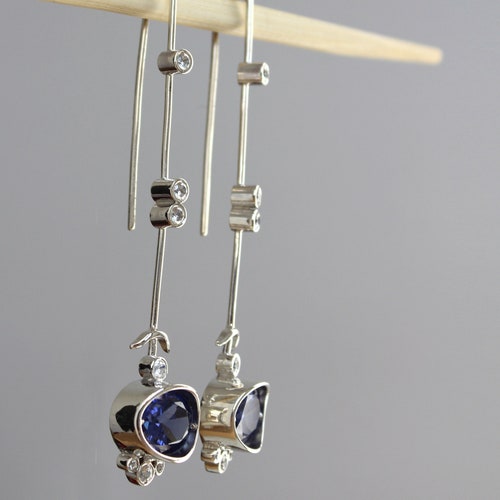 Silver Long Elegant Earrings, Dangle Drop Earrings, Zircon Statement Earrings, shops Navy Blue Earrings, Bar Earrings, Christmas gifts for her