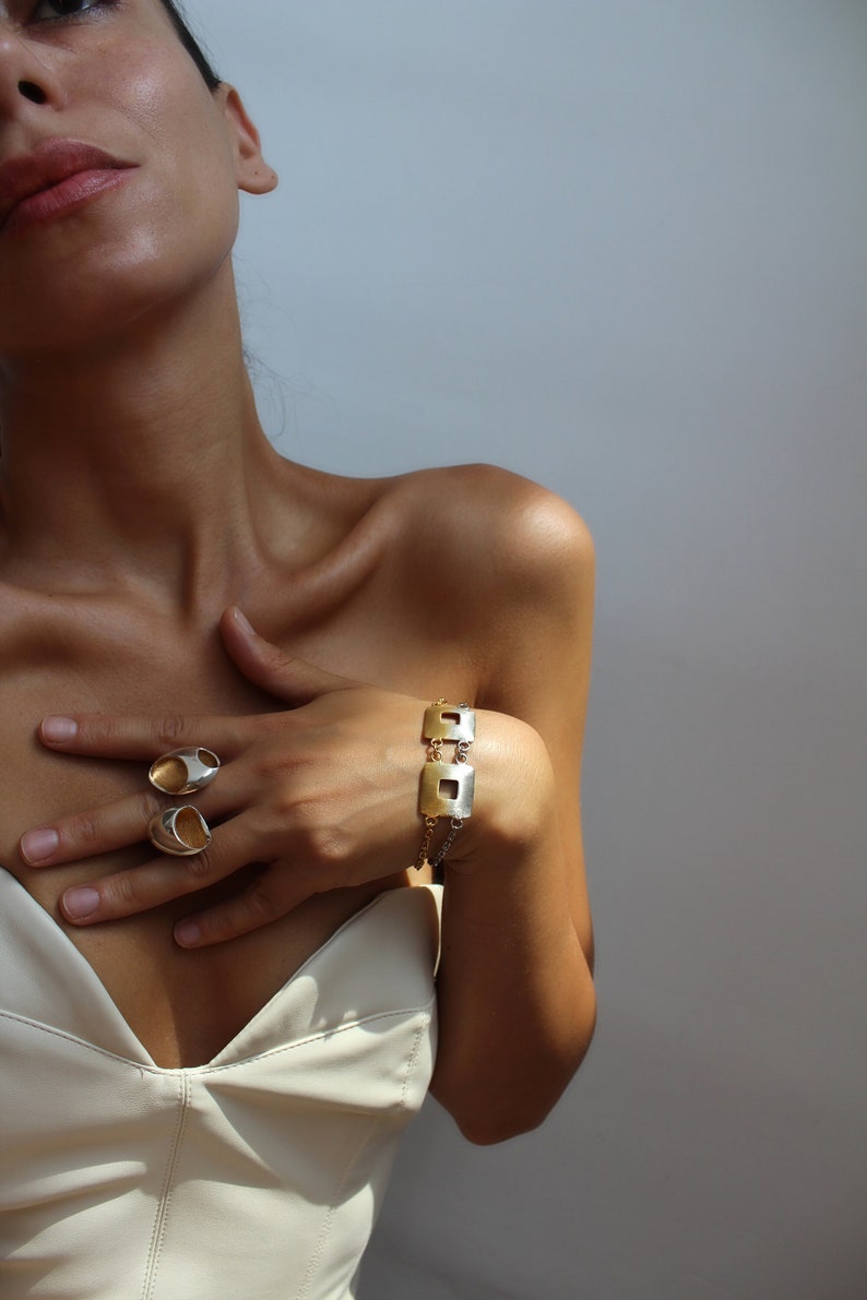 Silver Chunky Bracelet, Chain Link Bracelet, Geometric Bracelet, Gold plated Bracelet, Adjustable Matte , Minimal Jewelry, Gift For Her image 2