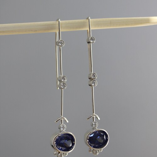 Silver Long Elegant Earrings, Dangle Drop Earrings, Zircon Statement Earrings, shops Navy Blue Earrings, Bar Earrings, Christmas gifts for her