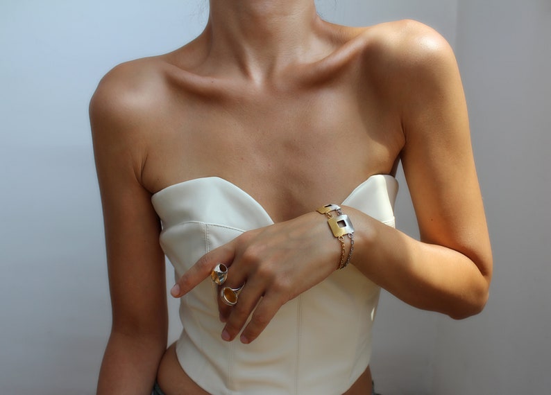 Silver Chunky Bracelet, Chain Link Bracelet, Geometric Bracelet, Gold plated Bracelet, Adjustable Matte , Minimal Jewelry, Gift For Her image 5
