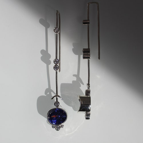 Silver Long Elegant Earrings, Dangle Drop Earrings, Zircon Statement Earrings, shops Navy Blue Earrings, Bar Earrings, Christmas gifts for her