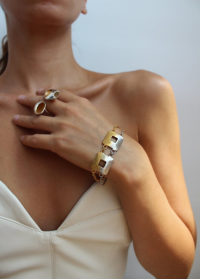 Silver Chunky Bracelet, Chain Link Bracelet, Geometric Bracelet, Gold plated Bracelet, Adjustable Matte , Minimal Jewelry, Gift For Her image 1