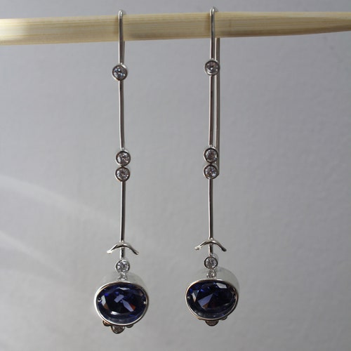 Silver Long Elegant Earrings, Dangle Drop Earrings, Zircon Statement Earrings, shops Navy Blue Earrings, Bar Earrings, Christmas gifts for her