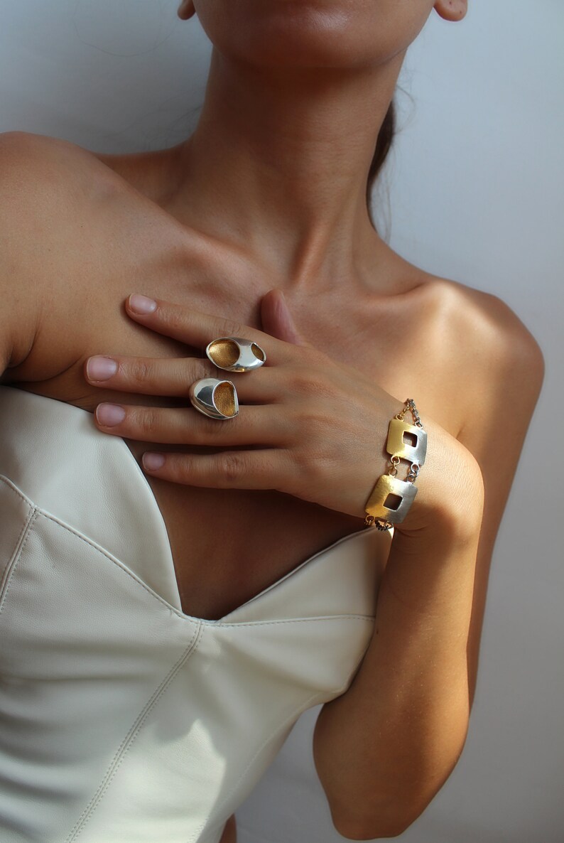 Silver Chunky Bracelet, Chain Link Bracelet, Geometric Bracelet, Gold plated Bracelet, Adjustable Matte , Minimal Jewelry, Gift For Her image 3