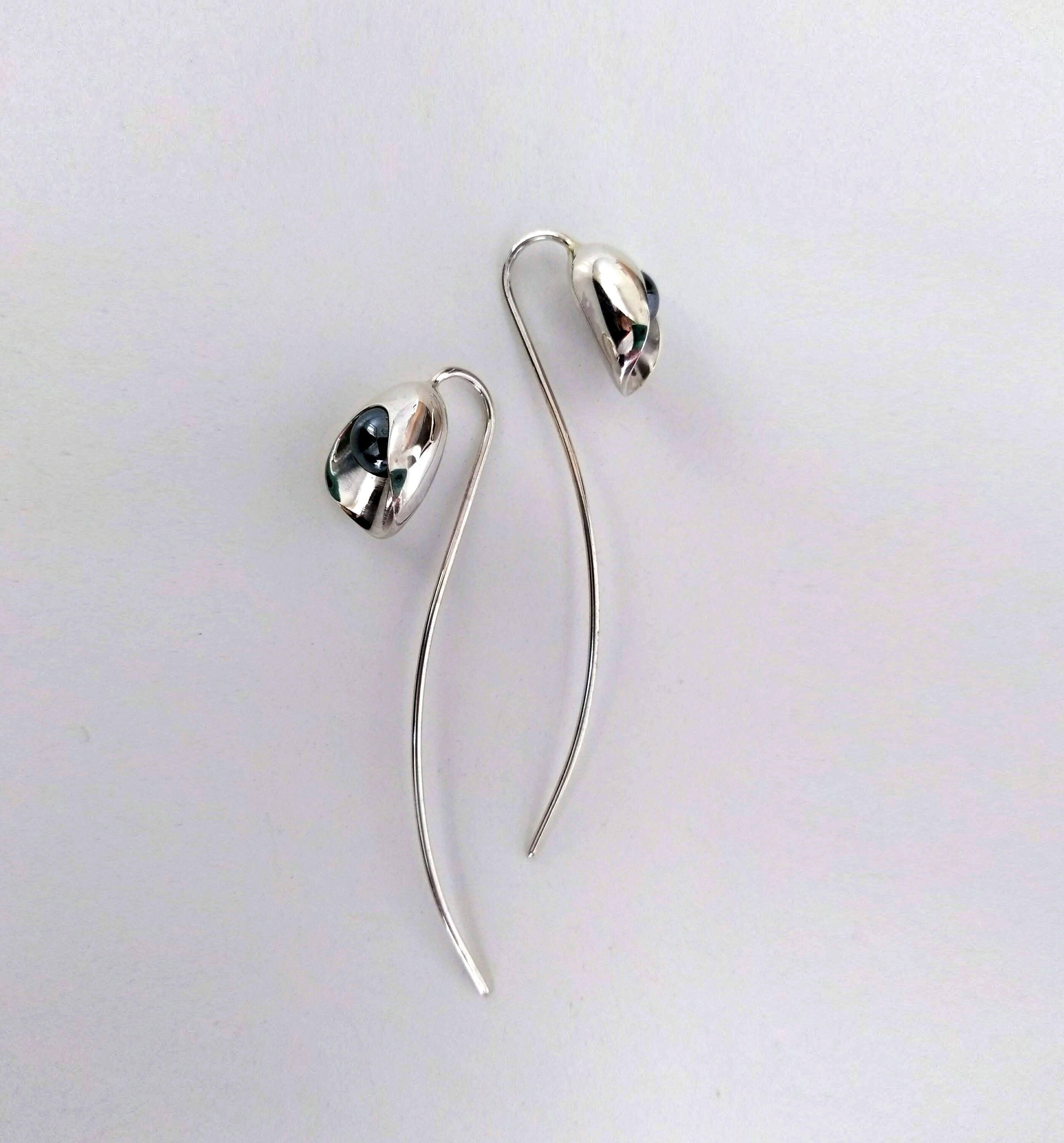 Long Stud Earrings Silver Calla Earrings Hematite Bridal | Etsy