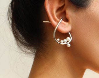 Ear Cuff Earring Silver, Chunky Thick Ear Cuff, Everyday Ear Cuff, Pearl Earring, Big Ear Cuff, Non Piercing Wrap, Abstract Lobe Ear Cuff