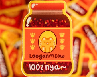 Sticker Lao Gan Meow Sticker imperméable en vinyle mignon pour ordinateurs portables, bouteilles d'eau, journaux intimes, petit cadeau pour les amateurs de sauce piquante, huile de piment Crip