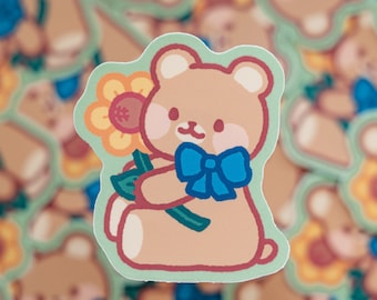Sunflower Bear Sticker Cute Vinyl Water Proof Sticker for Laptops, Water Bottles, Journals, Small gift for Bear Lovers, Teddy Bear Sticker