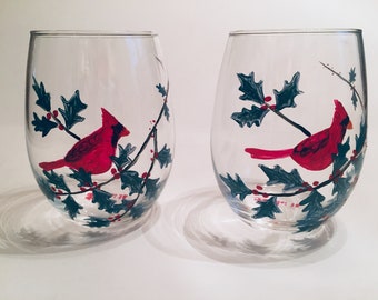 Hand painted Christmas cardinal stemless wine glasses