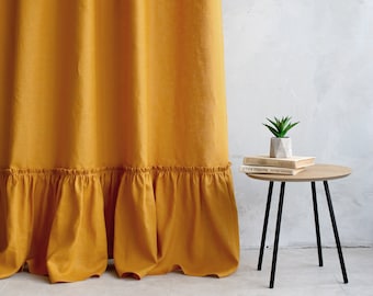 linen curtains mustard, farmhouse curtains, linen ruffled curtain panel, Tab top linen curtain panel, ruffle curtain, Linen Shower Curtain