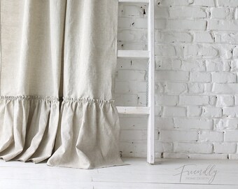 linen curtains, linen ruffled curtain panel, Tab top linen curtain panel ruffle curtain, Ruffled Linen Shower Curtain, natural linen curtain