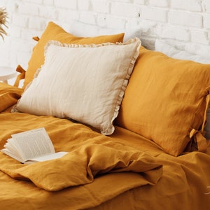 linen bedding set in mustard, mustard yellow linen bedding, mustard linen bedding, bedding king, bedding queen, dusty pink bedding image 3