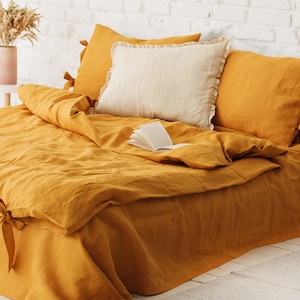 linen bedding set in mustard, mustard yellow linen bedding, mustard linen bedding, bedding  king, bedding  queen, dusty pink bedding