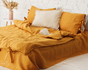 linen bedding set in mustard, mustard yellow linen bedding, mustard linen bedding, bedding  king, bedding  queen, dusty pink bedding