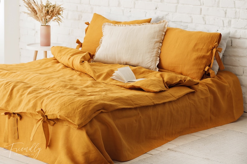 linen bedding set in mustard, mustard yellow linen bedding, mustard linen bedding, bedding king, bedding queen, dusty pink bedding image 1