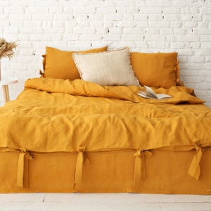 linen bedding set in mustard, mustard yellow linen bedding, mustard linen bedding, bedding king, bedding queen, dusty pink bedding image 2