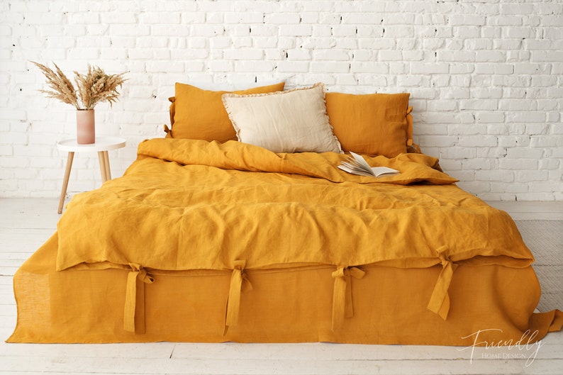 linen bedding set in mustard, mustard yellow linen bedding, mustard linen bedding, bedding king, bedding queen, dusty pink bedding image 2