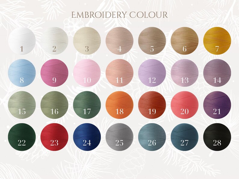 Puede incluir: Una carta de colores titulada EMBROIDERY COLOUR que presenta veintiocho muestras circulares de hilo en varios tonos, incluyendo blanco, beige, rosa, azul, verde, naranja, rojo, morado, gris y negro, cada una etiquetada con un n&uacute;mero correspondiente.