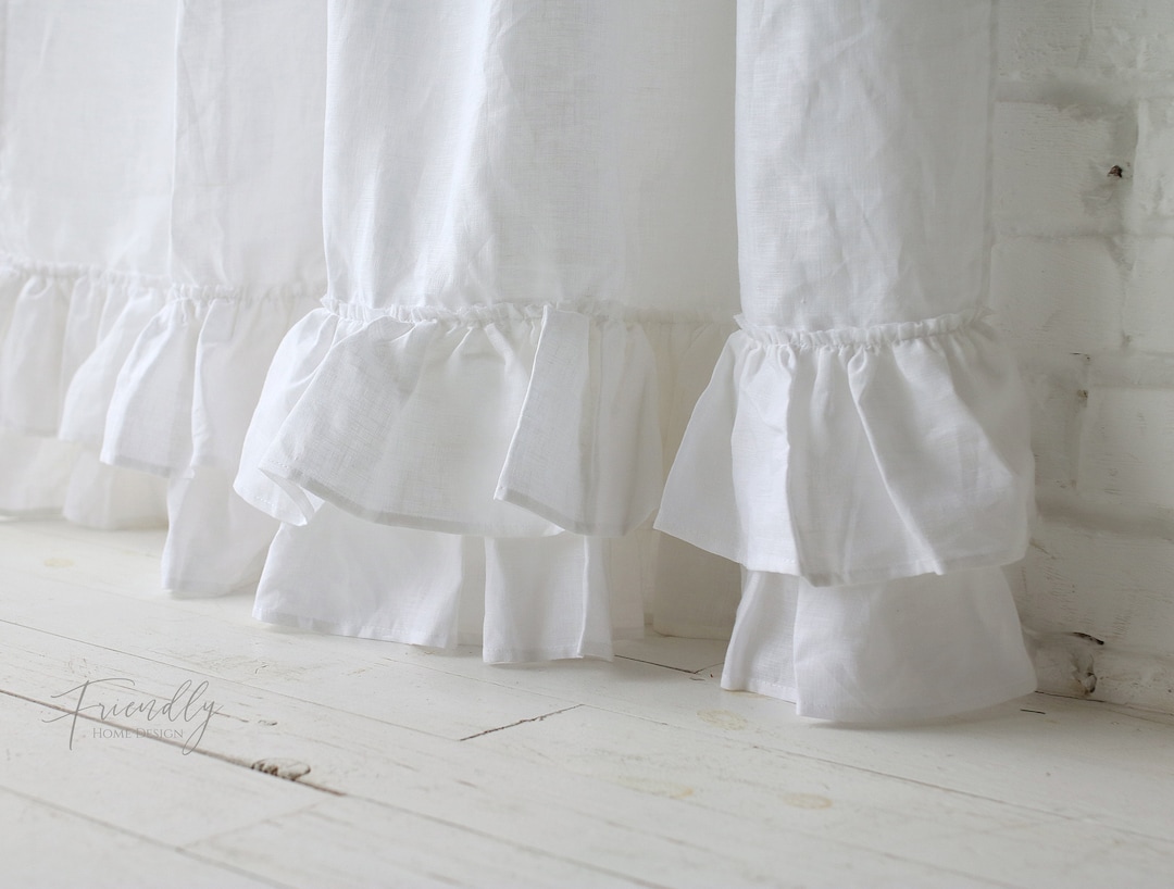 Linen Curtains White, Linen Ruffled Curtain Panel, Ruffle Curtain