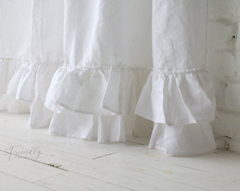 linen curtains white, linen ruffled curtain panel, ruffle curtain, Ruffled Linen Shower Curtain, linen curtains shabby chic,