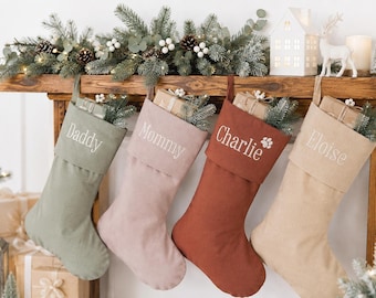 パーソナライズされたクリスマスストッキング | カスタムナチュラルリネンクリスマスストッキング | ニュートラルファミリークリスマスストッキング | ファームハウスストッキング