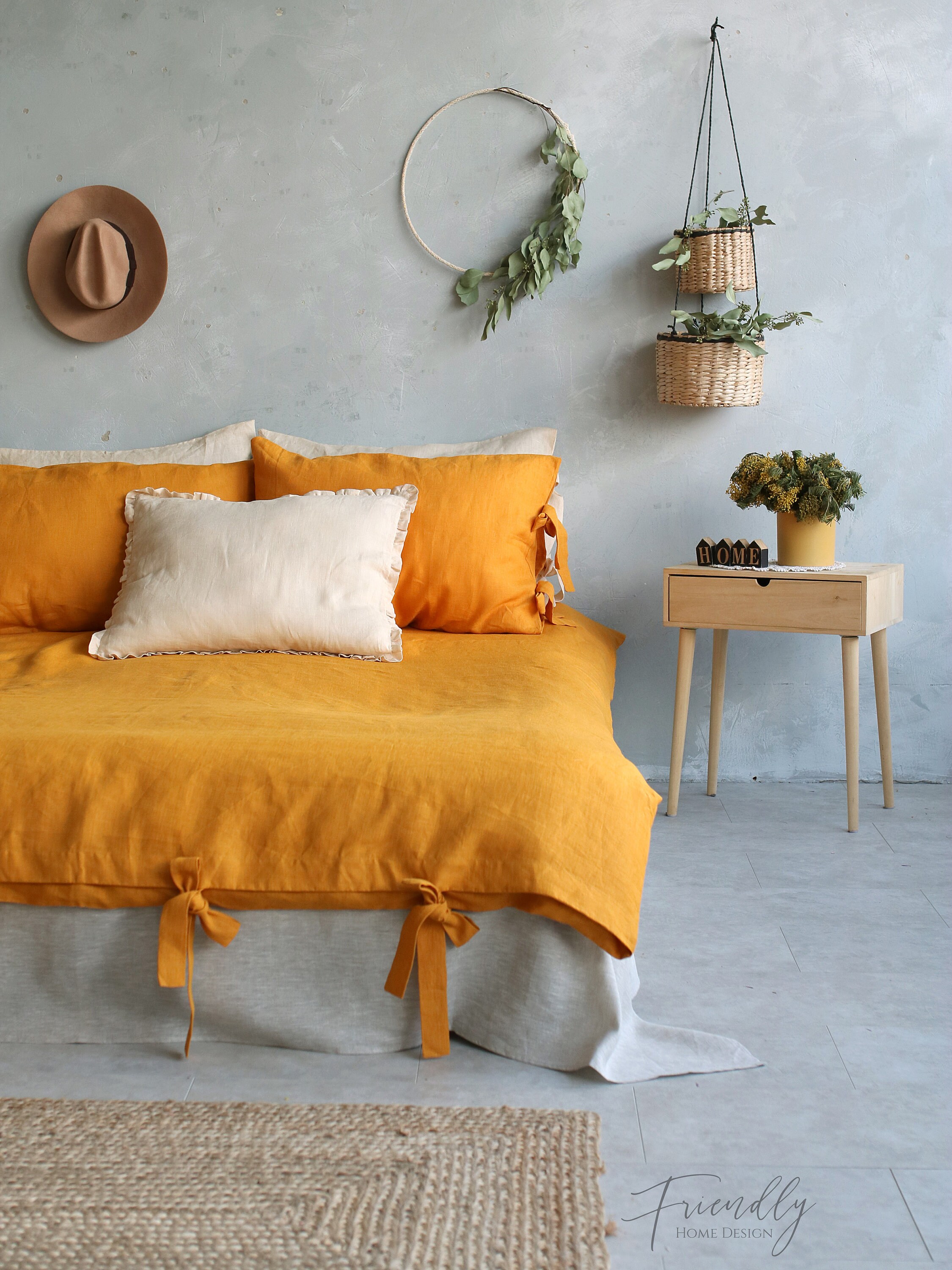 Linen Bedding Set in Yellow Ochre Natural Linen Bedding Etsy UK