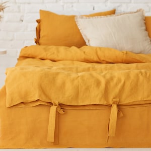 linen bedding set in mustard, mustard yellow linen bedding, mustard linen bedding, bedding king, bedding queen, dusty pink bedding image 4
