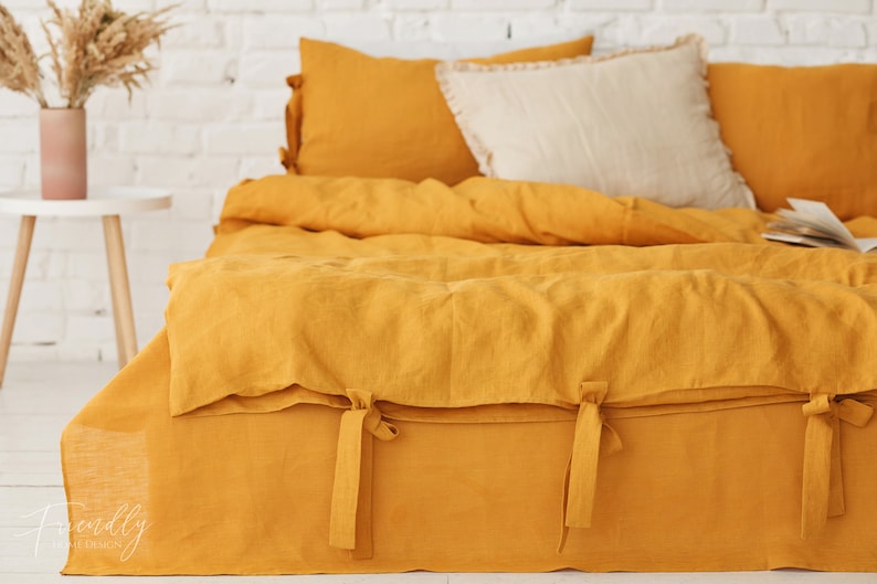 linen bedding set in mustard, mustard yellow linen bedding, mustard linen bedding, bedding king, bedding queen, dusty pink bedding image 4