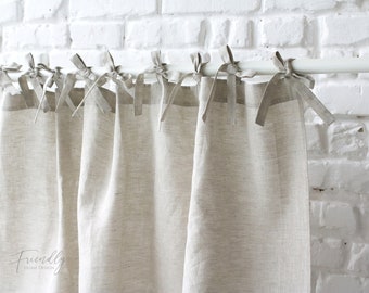 linen curtains tie top, natural linen curtains with ties, linen shower curtain, linen curtains shabby chic custom size natural linen curtain