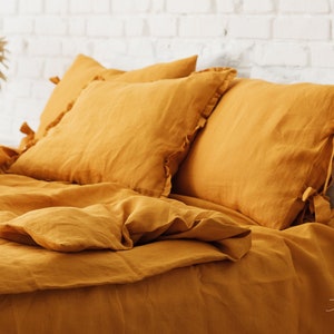 linen bedding set in mustard, mustard yellow linen bedding, mustard linen bedding, bedding king, bedding queen, dusty pink bedding image 5