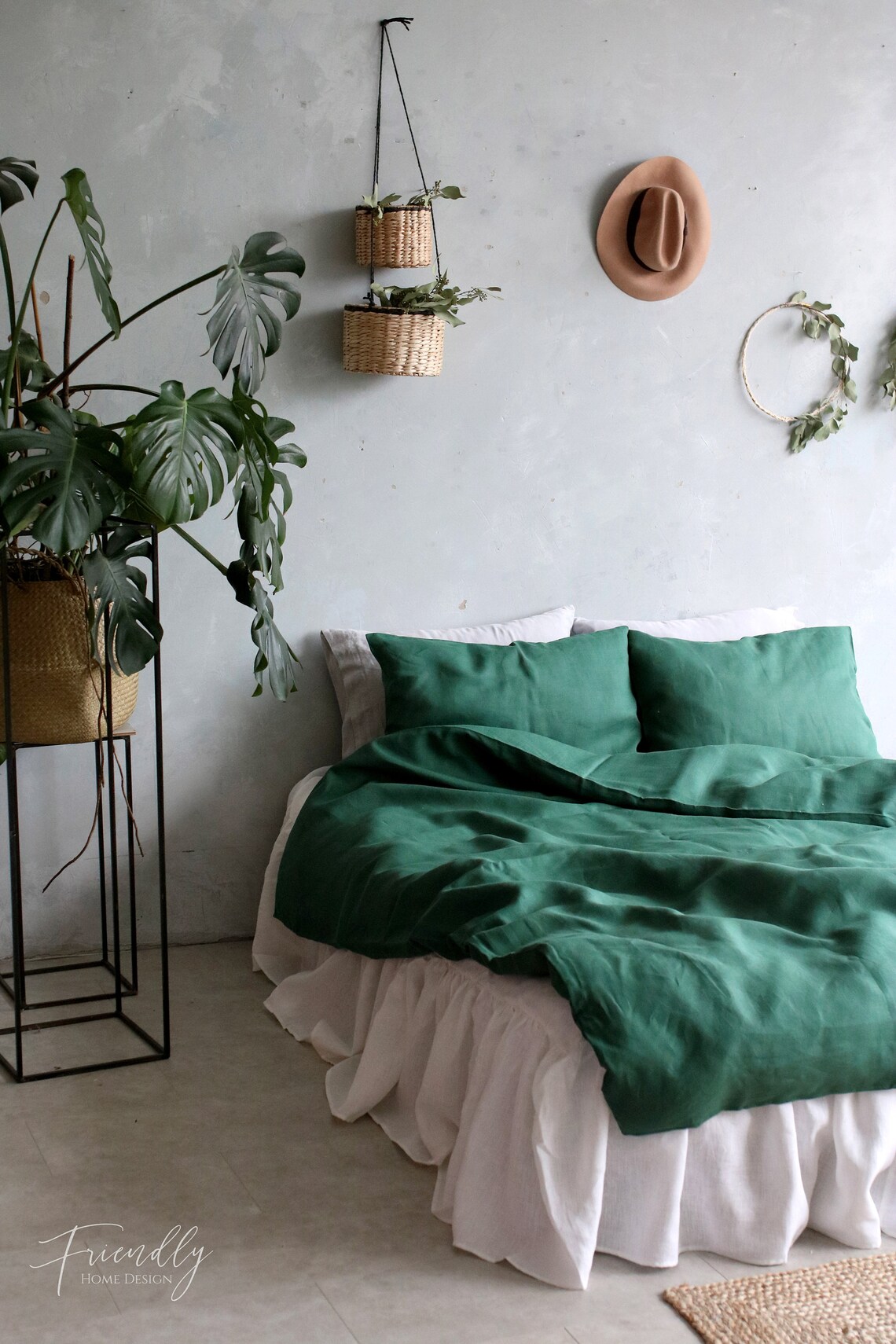 Reseda Green color linen bedding set Emerald Green linen | Etsy