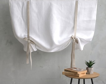 Cortinas de cocina estilo rústico, con lazos y forro, de lino con rayas verticales, tratamiento de ventanas a medida, cenefa blanca con lazos, cortina de cocina