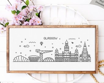 Cross Stitch Glasgow Skyline | Cross Stitch Glasgow Silhouette | Counted Cross Stitch Pattern Landscape | Instant PDF Download