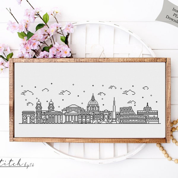 Cross Stitch Rome Skyline|Cross Stitch Rome Silhouette|Counted Cross Stitch Pattern Landscape|Printable PDF Chart|Instant PDF Download