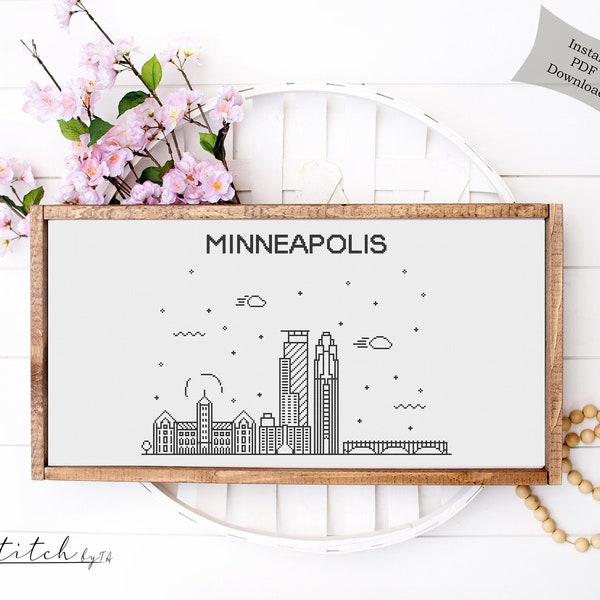 Cross Stitch Minneapolis Skyline|Landscape Counted Cross Stitch Pattern|Printable Chart|Instant Download|Minneapolis Silhouette cross stitch