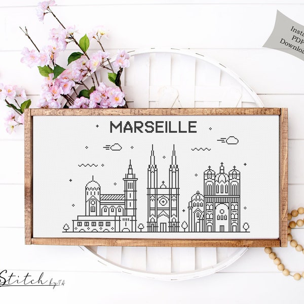 Cross Stitch Marseille Skyline Pattern | Marseille Silhouette Cross Stitch | Printable PDF Chart|Instant PDF Download | Marseille Embroidery