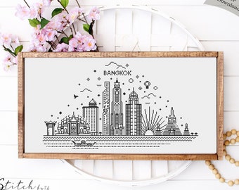 Bangkok City Skyline Counted Cross StitchPattern | Printable PDF Chart | Instant Download | Bangkok Silhouette cross stitch