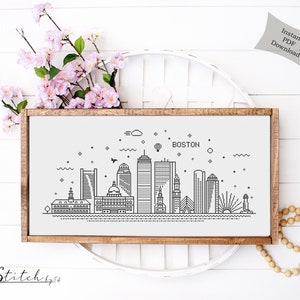 May include: A black and white line art illustration of the Boston skyline. The illustration includes the city's most iconic buildings, such as the State House and the Custom House Tower. The text "BOSTON" is written above the skyline.