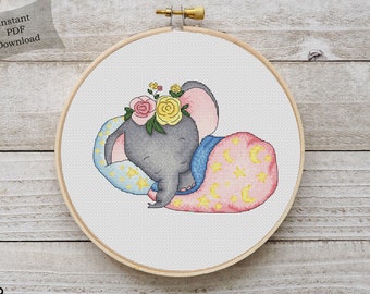 Patrón de punto de cruz contado de elefante Tabla PDF imprimible Bordado de elefante bebé