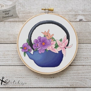 Floral Teapot Counted Cross Stitch Pattern Printable PDF Chart Cross-Stitch Instant Download Floral pattern Crafts DMC Needlework