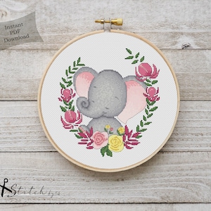 Elephant Counted Cross Stitch Pattern Printable PDF Chart Baby Elephant Embroidery
